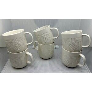 6 Mugs Modern Gourmet Foods Stoneware White Aran Knit Sweater Design Mug Coffee